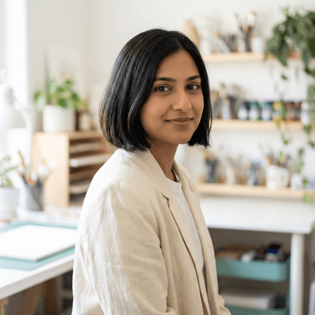 Founder of a boutique retail brand smiling in a modern retail space