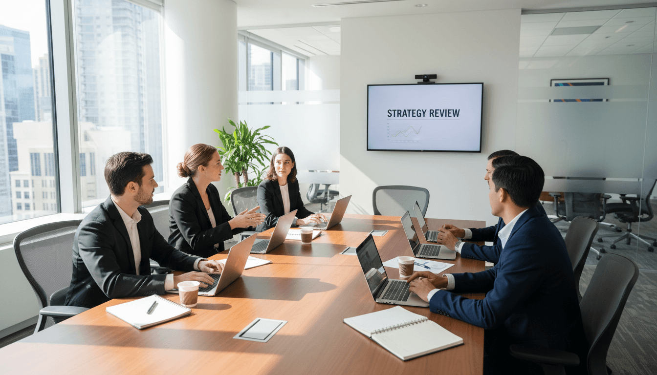 Consulting team collaborating over strategy documents in a bright modern office
