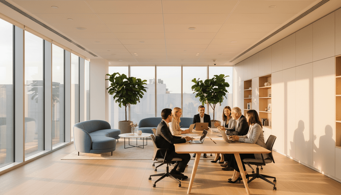 Professional consultant meeting with clients in a modern office
