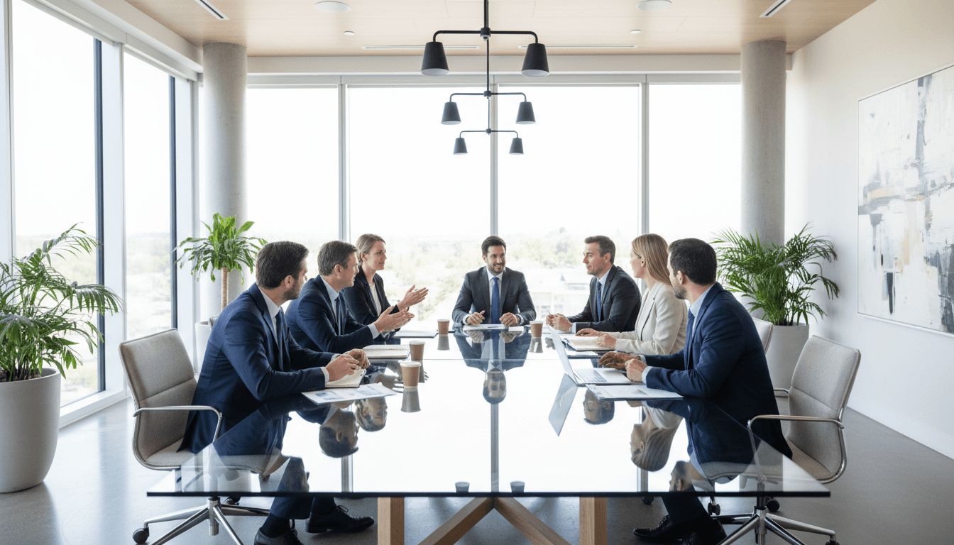 Professional consulting team in a modern meeting room discussing strategy
