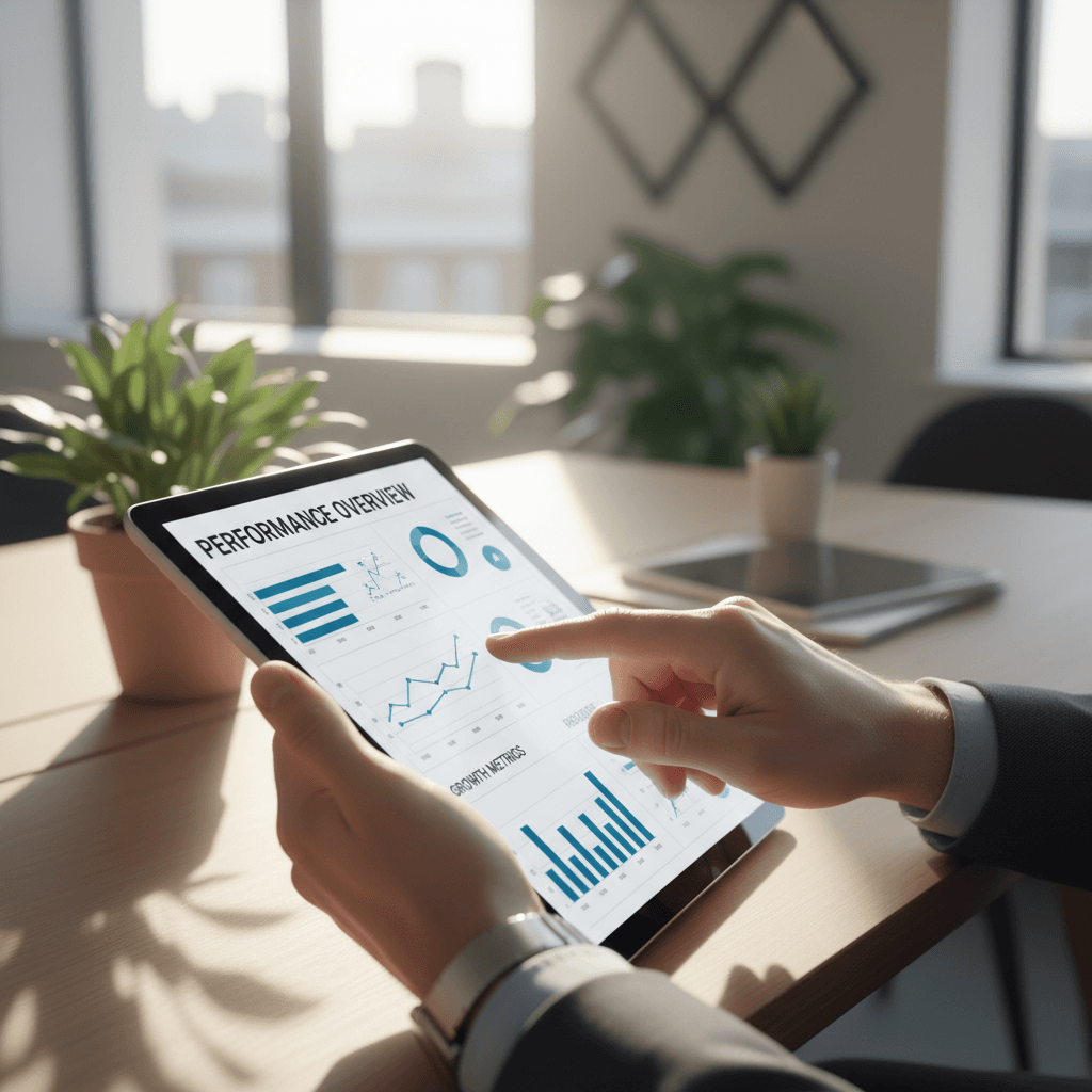 Business consultant reviewing data analytics on tablet in modern office