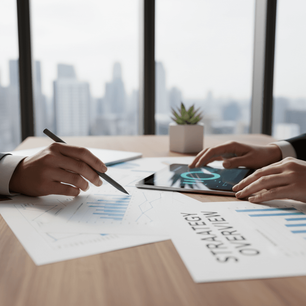 Consultant reviewing strategy documents at a modern desk in a bright office